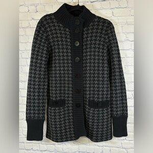 Beth Bowley Black Gray Houndstooth Heavyweight Funnel Neck Cardigan Sweater L